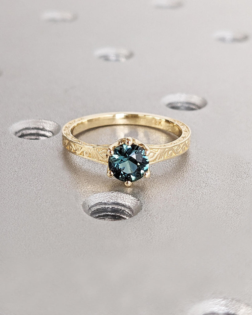 One of a Kind Montana Sapphire Ring, Blue Sapphire Diamond Cluster Ring, Vintage Inspired Blue Sapphire Engagement Ring, 18K Gold Green Teal