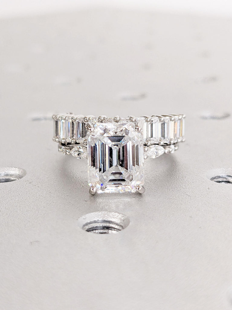 Lab Grown Diamond Ring | VVS Emerald Cut Lab Diamond Engagement Ring Set | Lab Created Diamond Platinum Ring | Emerald Diamond Stacking Ring