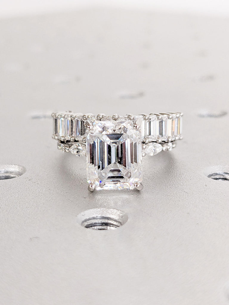 Lab Created Diamond and Moissanite Promise Ring | Emerald Cut Simulant Diamond Bridal Ring Set | Platinum Ring | Moissanite Stacking Ring