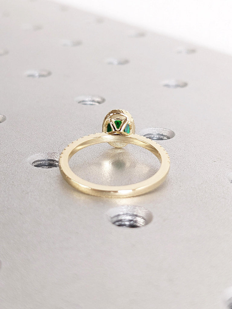 Oval Emerald Engagement Ring | Unique Yellow Gold Oval Halo Ring | Green Gemstone Ring | May Birthstone Gift for Her | Emerald and Diamonds