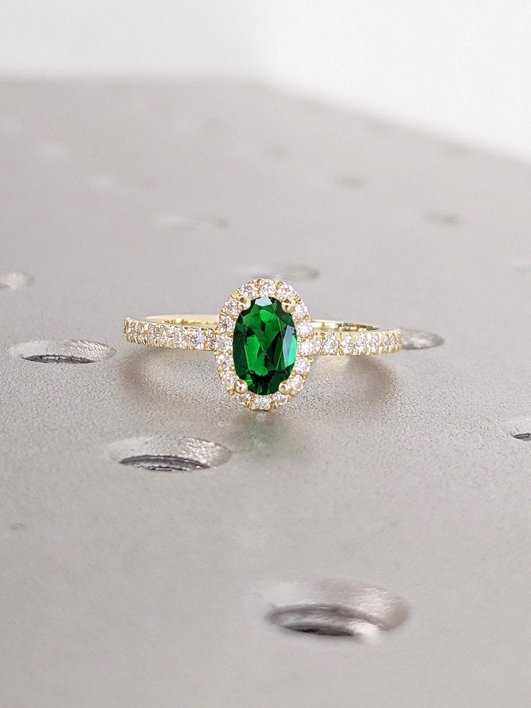 Vintage Oval cut Lab Grown  Emerald Engagement Ring | Lab Diamond Halo Ring 14k Yellow Gold | Art Deco May Birthstone Ring | Enique Bridal Ring Women Jewelry