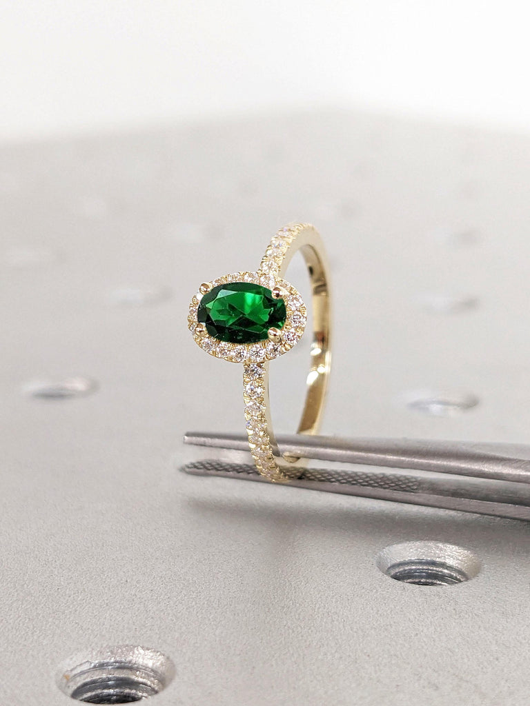 Oval Emerald Engagement Ring | Unique Yellow Gold Oval Halo Ring | Green Gemstone Ring | May Birthstone Gift for Her | Emerald and Diamonds