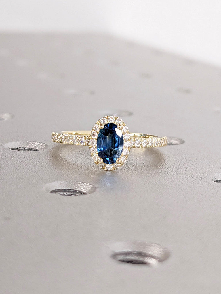 Sapphire Ring | 14k Gold Moissanite Halo Engagement Ring | Diamond Cluster Half Eternity Band