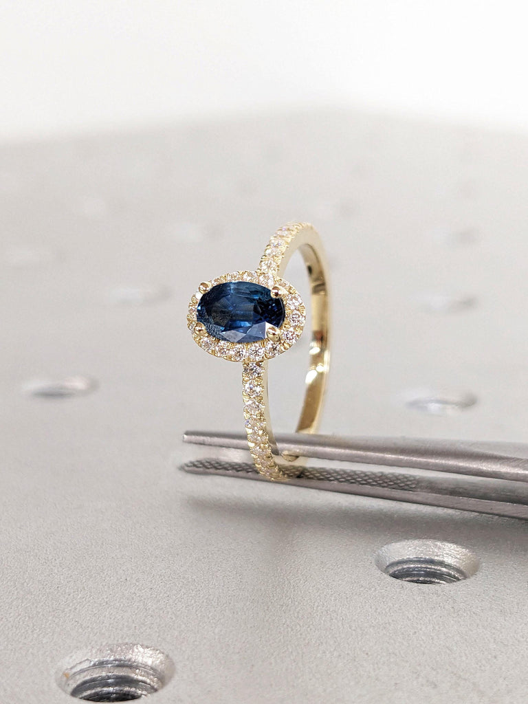 Vintage Oval Halo Rings | Lab Created Sapphire Engagement Rings for Women | Yellow Gold Blue Sapphire Ring | Sapphire and Diamond Ring