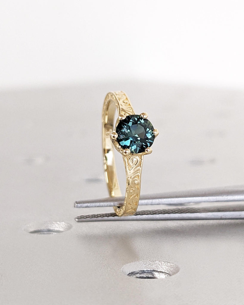 One of a Kind Montana Sapphire Ring, Blue Sapphire Diamond Cluster Ring, Vintage Inspired Blue Sapphire Engagement Ring, 18K Gold Green Teal