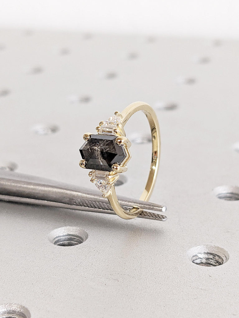 Unique Salt and Pepper Diamond Engagement Ring | Dainty Hexagon Cut 14k Yellow Gold Ring | Vintage Diamond Ring | Anniversary Gift for Wife