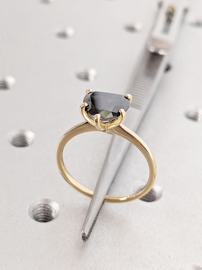 Unique Natural Grey Diamond Solitaire Ring | Love Shape Diamond Engagement Ring | 1-2CT Salt and Pepper Diamond | Simple Gold Ring for Her