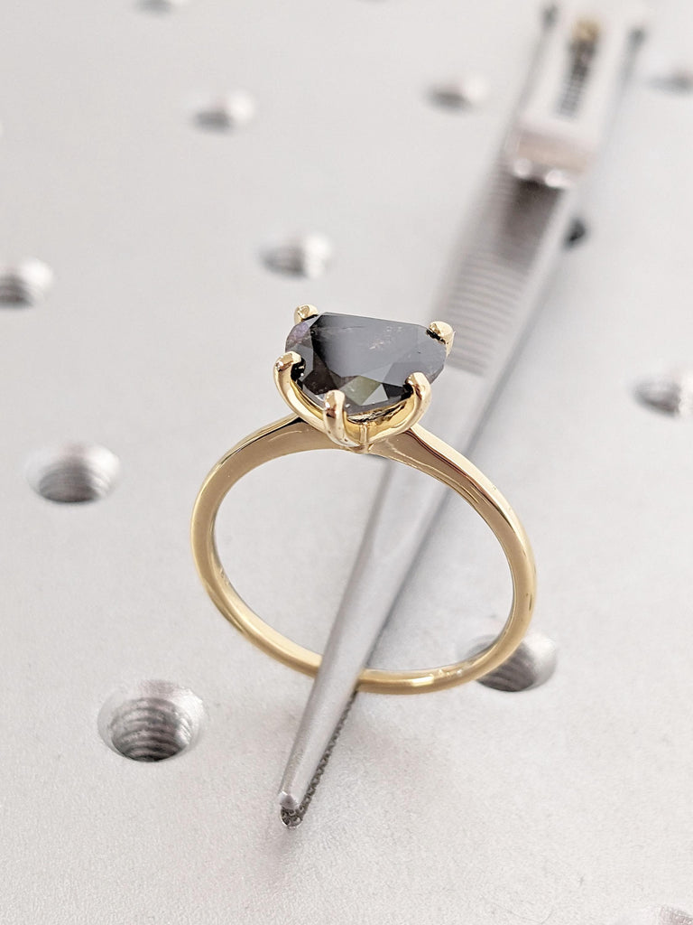 Heart Cut Salt and Pepper Black Diamond Engagement Ring | Unique Solitaire Ring | 18k Yellow Gold Woman Promise Ring | Natural Diamond Ring