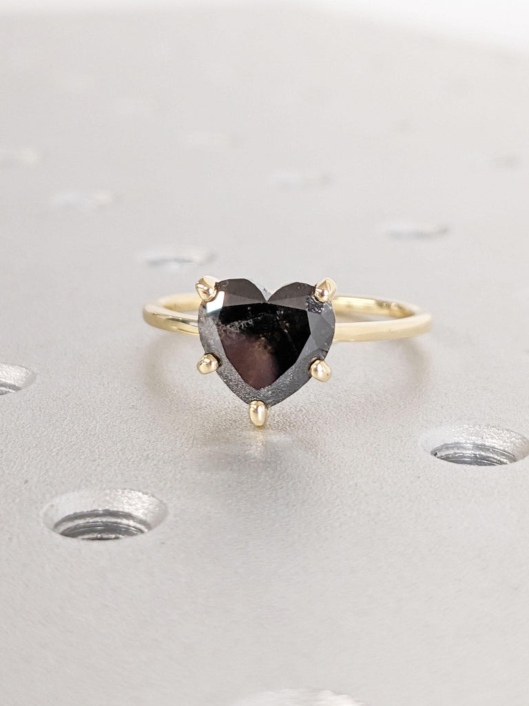 Heart Cut Salt and Pepper Black Diamond Engagement Ring | Unique Solitaire Ring | 18k Yellow Gold Woman Promise Ring | Natural Diamond Ring