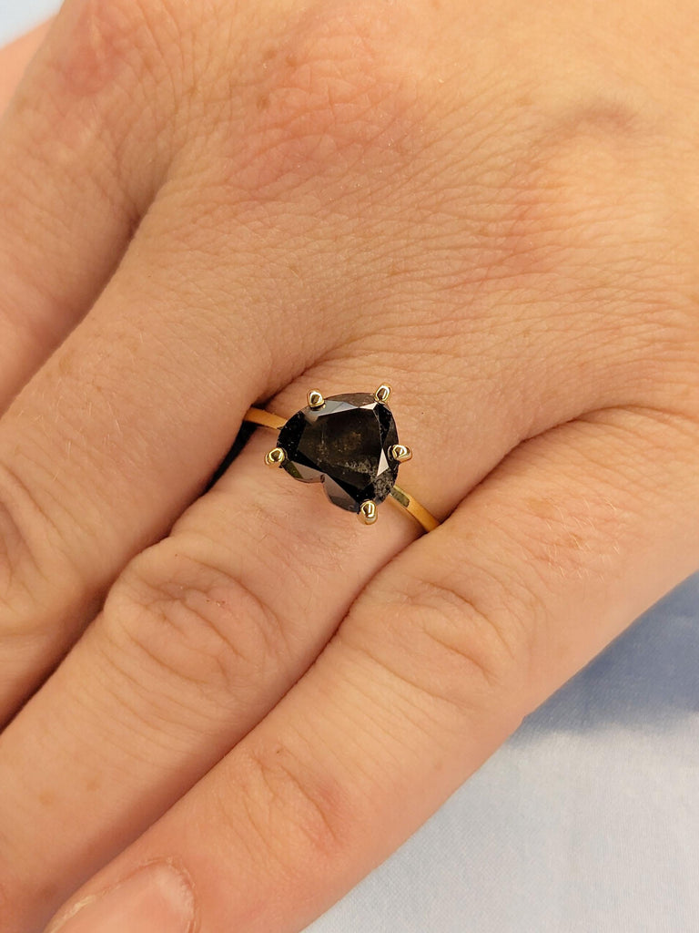 Heart Cut Salt and Pepper Black Diamond Engagement Ring | Unique Solitaire Ring | 18k Yellow Gold Woman Promise Ring | Natural Diamond Ring