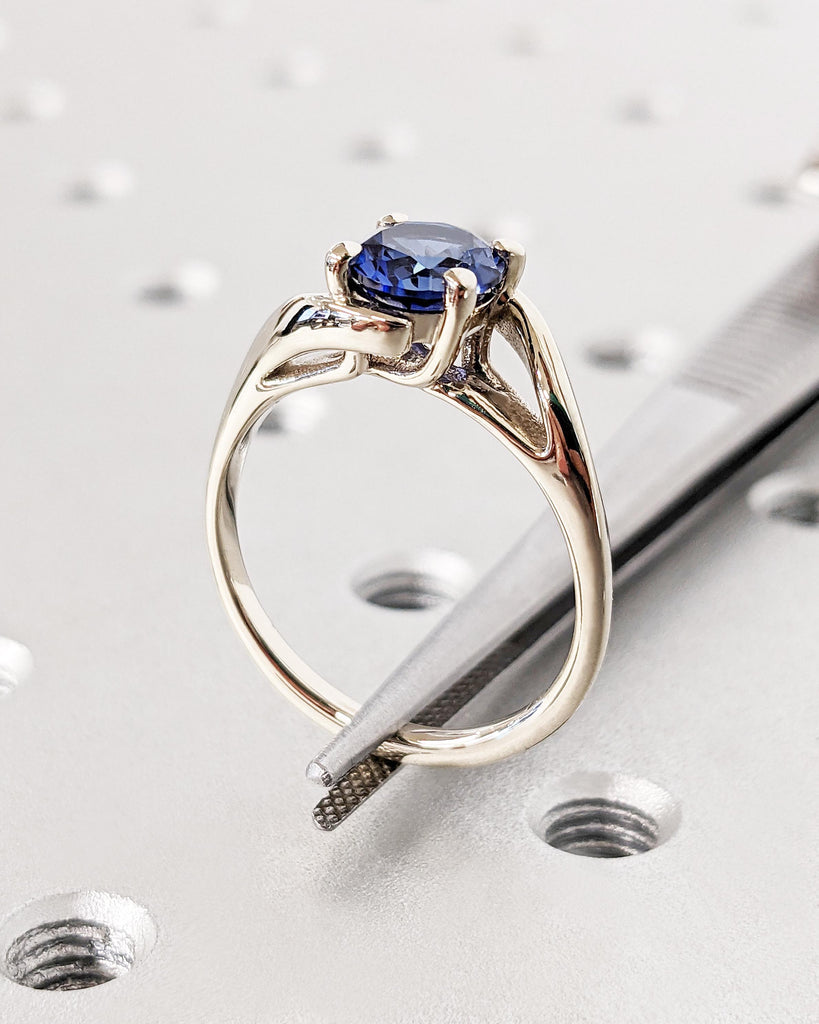 Vintage Sapphire Engagement Ring | White Gold Twist Ring Split Shank | Round Blue Lab Sapphire Wedding Ring | Dainty Birthstone Ring For Her