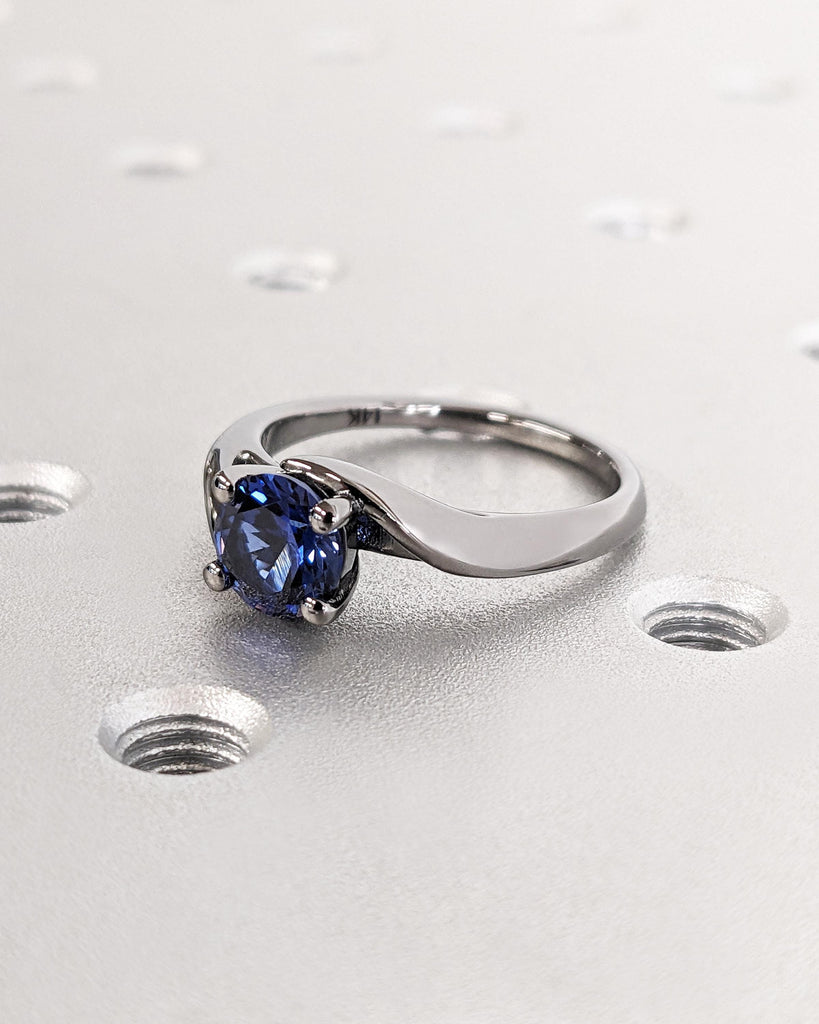 Vintage Sapphire Engagement Ring | Black Gold Twist Ring Split Shank | Round Blue Lab Sapphire Wedding Ring | Dainty Birthstone Ring For Her