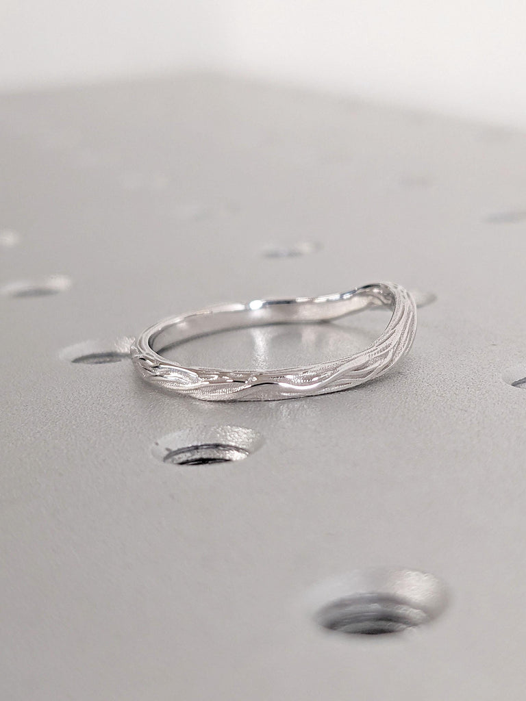 Tree Bark Wedding Band in White Gold | 2mm Wide Unique Rings | Delicate Curve Stacking Ring | Handmade Twig Ring | Women Bridal Ring Jewelry