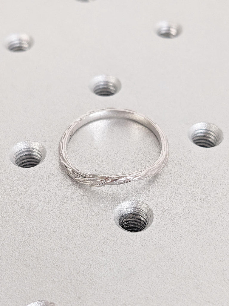 Tree Bark Wedding Band in White Gold | 2mm Wide Unique Rings | Delicate Curve Stacking Ring | Handmade Twig Ring | Women Bridal Ring Jewelry