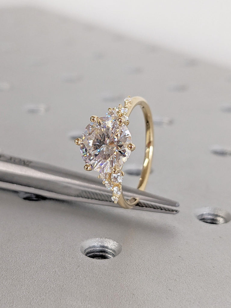 Round Lab Grown Diamond Ring, Dainty 18K Yellow Gold Wedding Ring, Art Deco Snowdrift 6 Prong Diamond Cluster Ring, Birthday Gift for Her