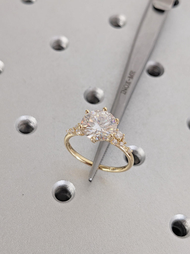 Round Lab Grown Diamond Ring, Dainty 18K Yellow Gold Wedding Ring, Art Deco Snowdrift 6 Prong Diamond Cluster Ring, Birthday Gift for Her