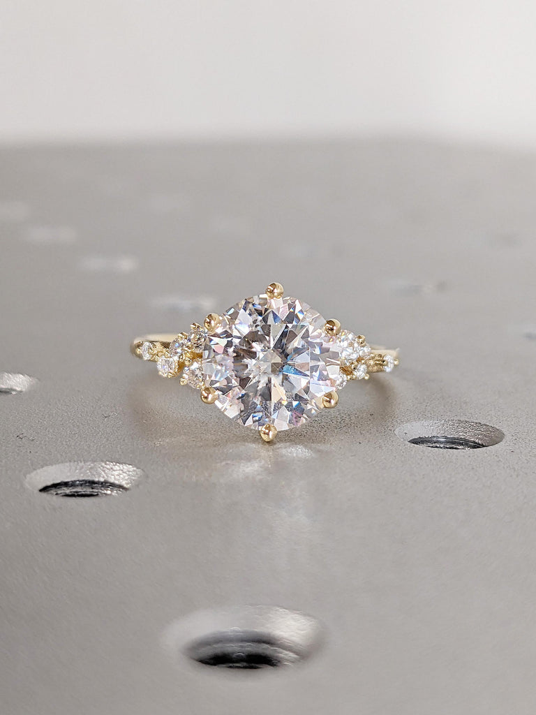 Round Lab Grown Diamond, 18K Yellow Gold Engagement Ring, Unique Snowdrift 6 Prong Diamond Cluster Promise Ring for Her, Unique Gift for Her