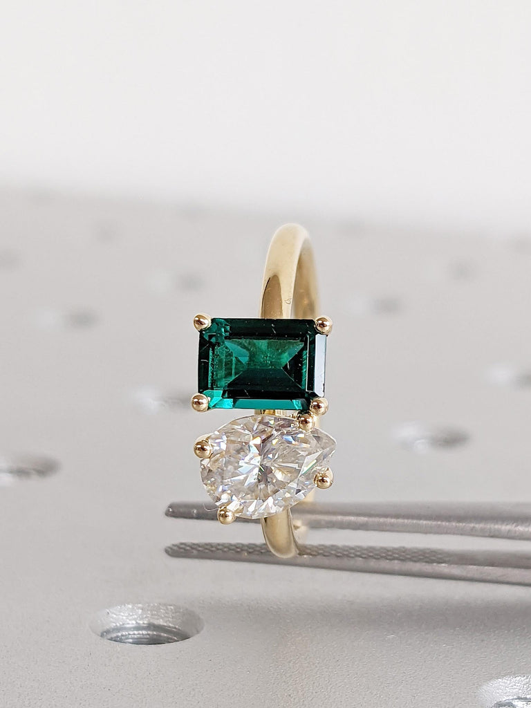 Two Stone Engagement Ring, Art Deco 18k Yellow Gold Ring, Emerald and Pear Cut Promise Ring, Green Lab Grown Emerald Ring, Moissanite Ring