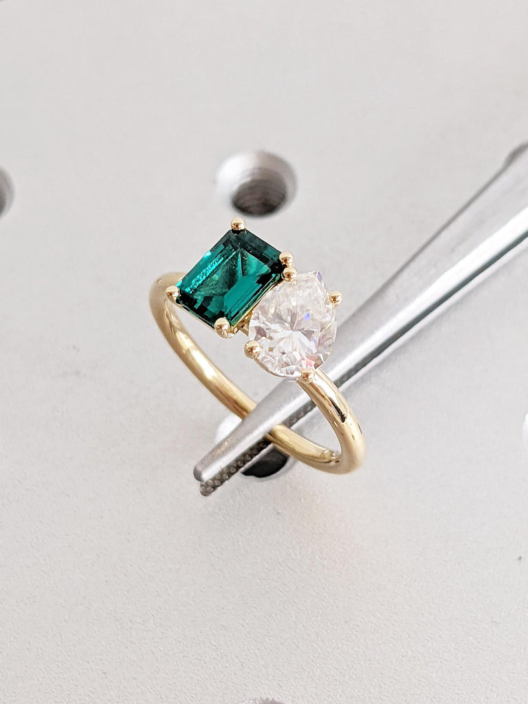 Two Stone Engagement Ring, Art Deco 18k Yellow Gold Ring, Emerald and Pear Cut Promise Ring, Green Lab Grown Emerald Ring, Moissanite Ring