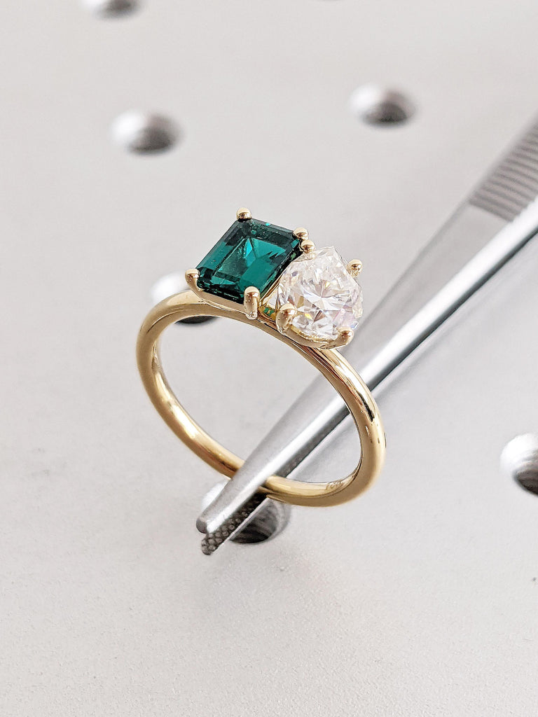 Two Stone Engagement Ring, Art Deco 18k Yellow Gold Ring, Emerald and Pear Cut Promise Ring, Green Lab Grown Emerald Ring, Moissanite Ring