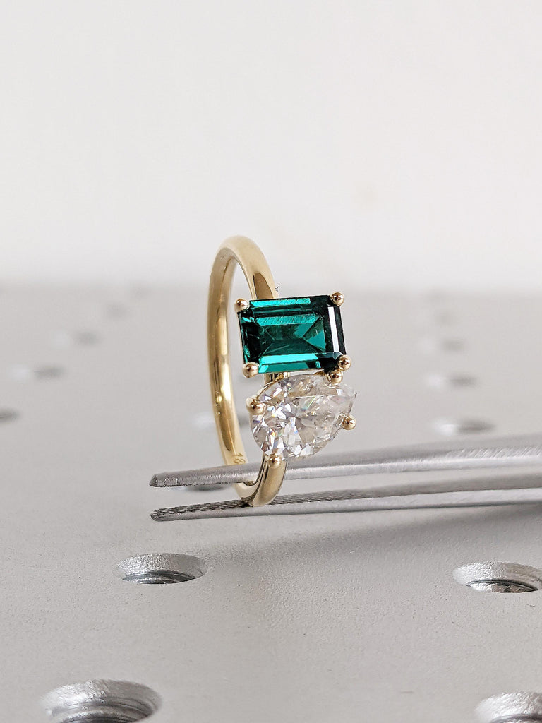 Two Stone Engagement Ring, Art Deco 18k Yellow Gold Ring, Emerald and Pear Cut Promise Ring, Green Lab Grown Emerald Ring, Moissanite Ring