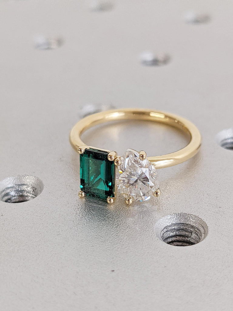 Two Stone Engagement Ring, Art Deco 18k Yellow Gold Ring, Emerald and Pear Cut Promise Ring, Green Lab Grown Emerald Ring, Moissanite Ring