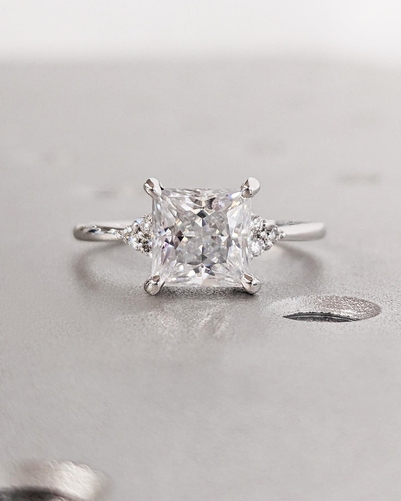 Princess Cut Moissanite Engagement Ring | Moissanite Cluster Ring | Dainty Promise Ring | Art Deco Ring | Alternative Bridal Jewelry For Her