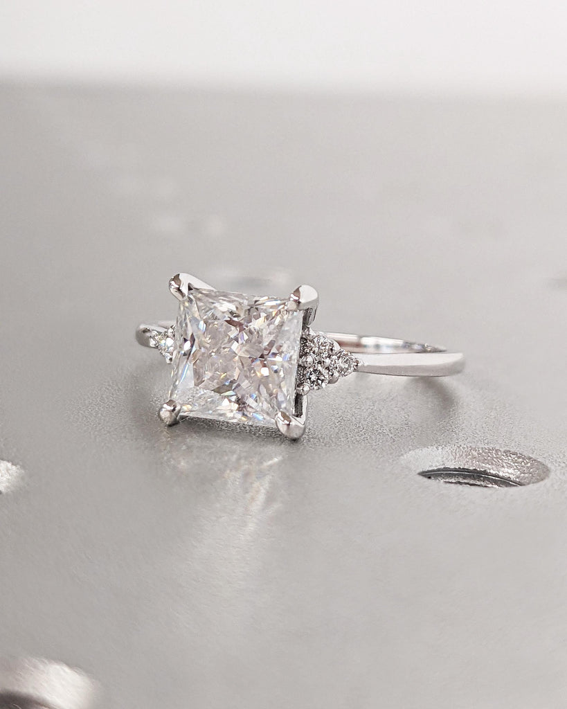 Princess Cut Moissanite Engagement Ring | Moissanite Cluster Ring | Dainty Promise Ring | Art Deco Ring | Alternative Bridal Jewelry For Her