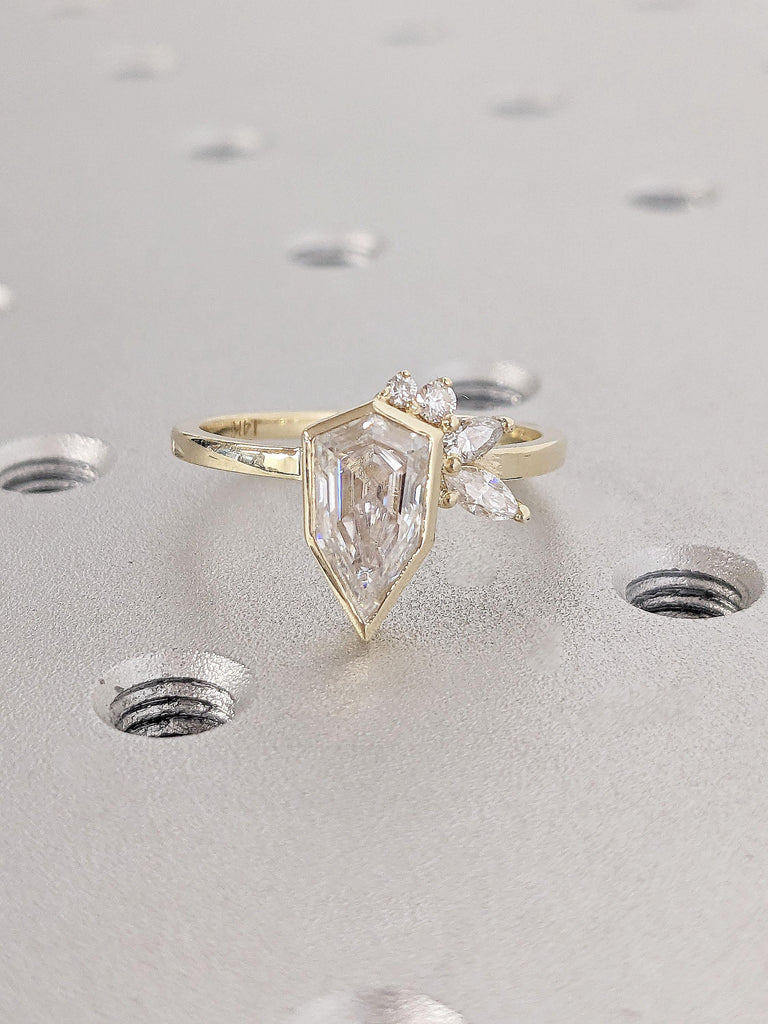 Elongated Kite Moissanite Ring | Unique Proposal Ring for Her | 14k 18k Gold Art Deco Shield Ring