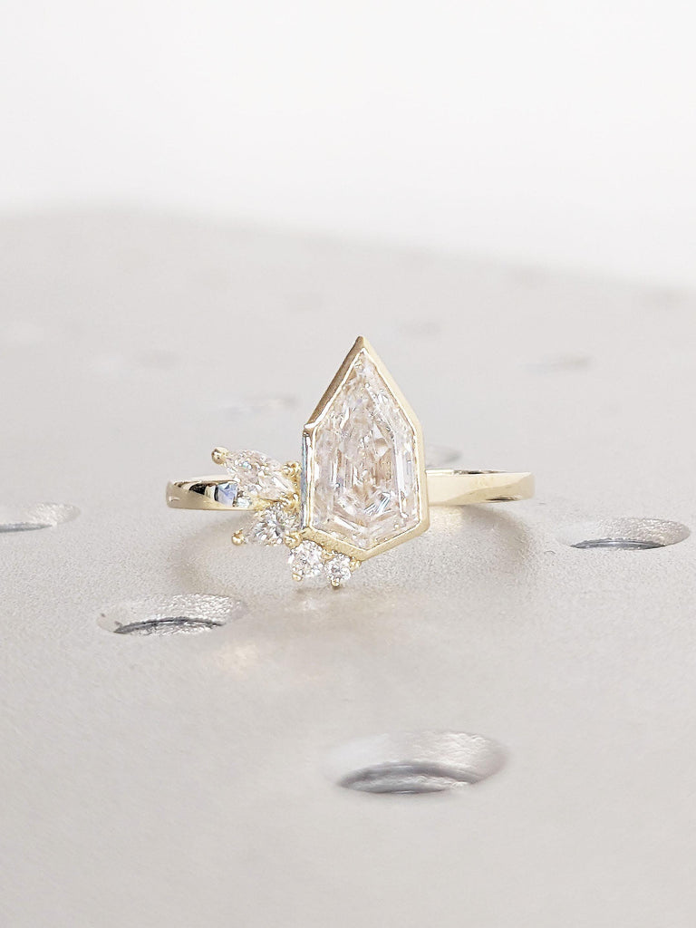 Unique 14k Gold Bezel Setting Shield Ring | Moissanite Cluster Ring | Art Deco Shield cut Engagement Ring | Pear, Marquise Moissanite Ring