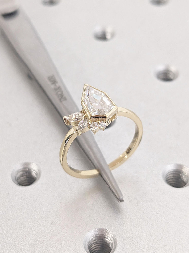 Art Deco Moissanite Engagement Ring | Yellow Gold Lab Diamond Cluster Ring | Dainty Promise Anniversary Ring for Her | Vintage Shield Ring