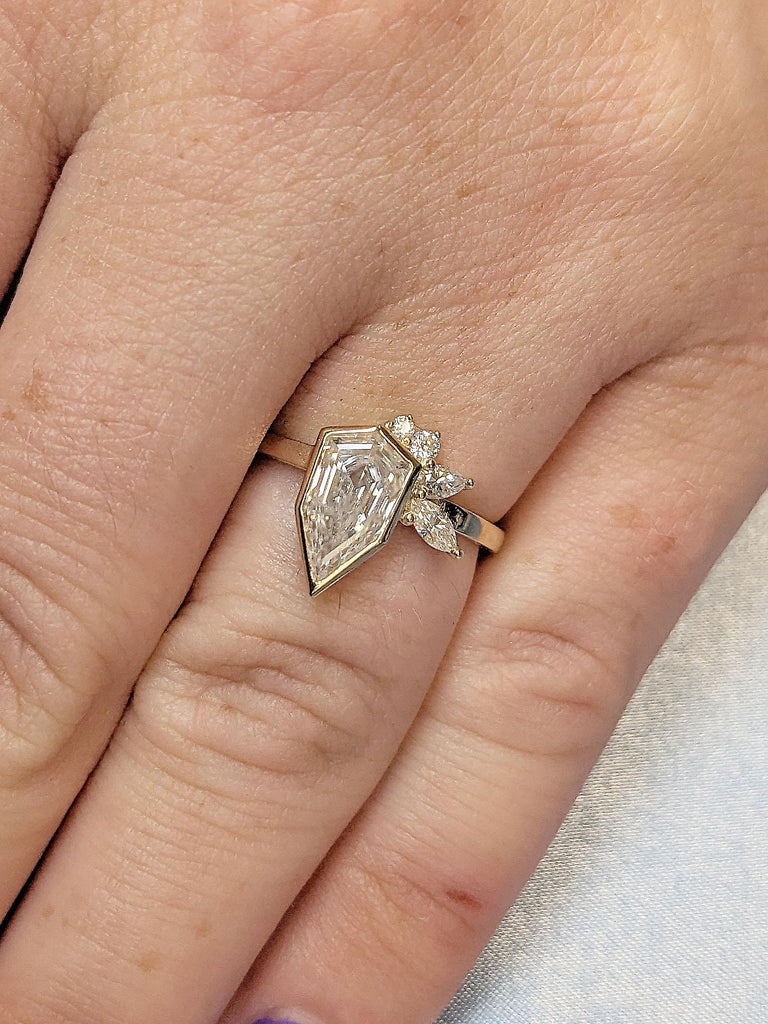 Vintage Shield Ring | Unique Moissanite and Diamond Engagement Ring | Woman Bridal Jewelry | Lab Diamond Cluster Promise Ring