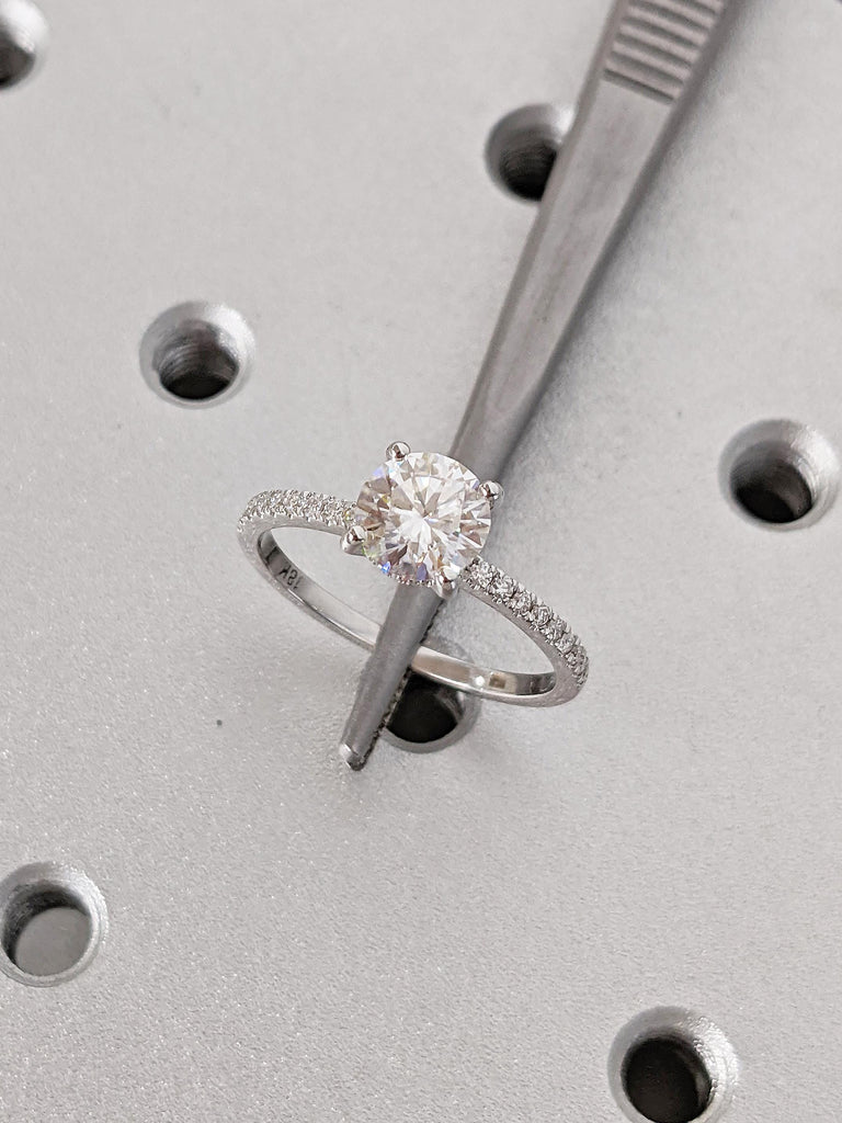 18k White Gold Wedding Ring, Round Cut Moissanite Promise Ring, Half Eternity Moissanite Ring, Hidden Halo Engagement Ring, Gift for Wife