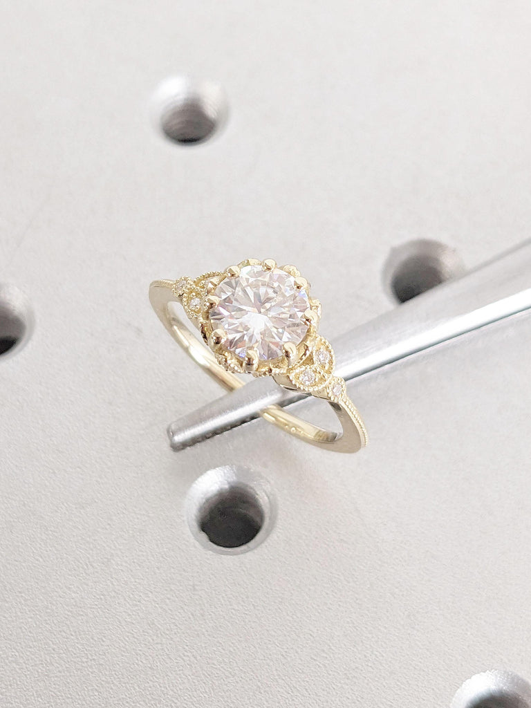 Unique Floral Engagement Ring • Round Moissanite Engagement Ring • 14K Solid Gold • Unique Leaf Ring • Milgrain Ring • Promise Ring For Her