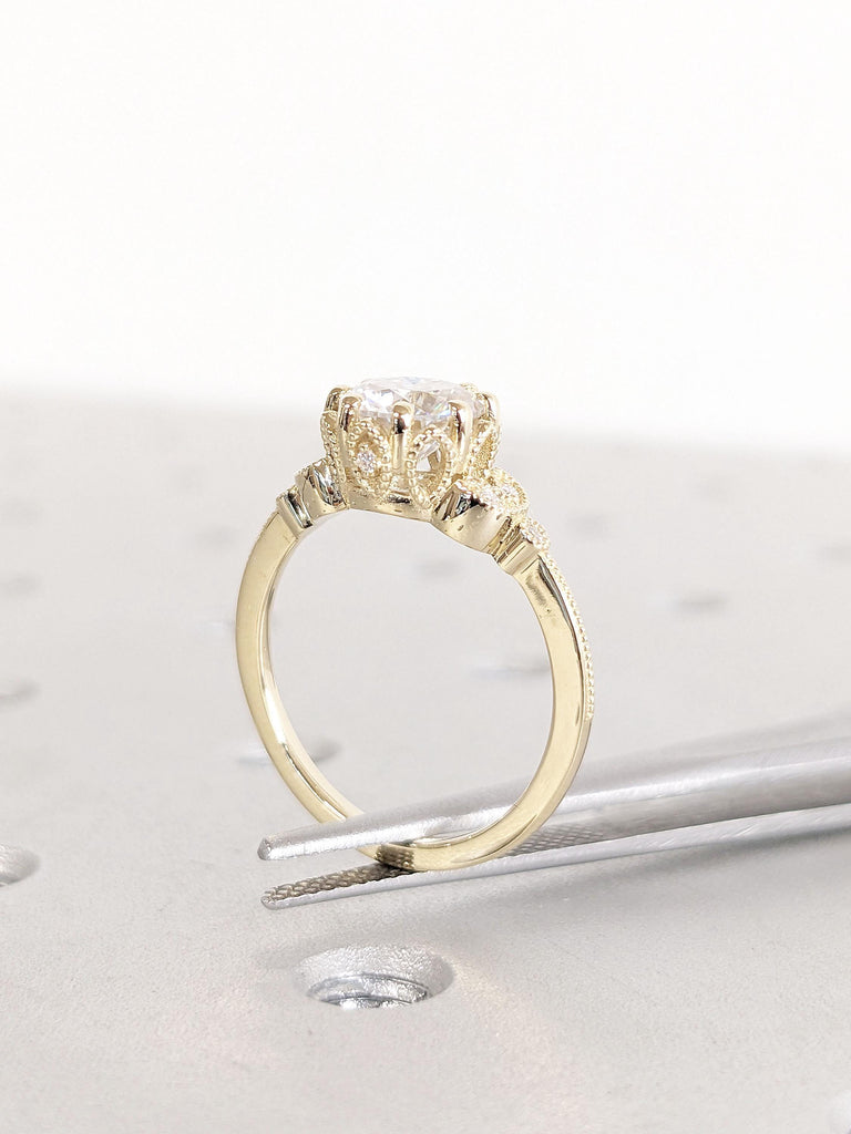 Art Deco Moissanite Promise Ring | Vintage Yellow Gold Wedding Ring | 14k Gold Leaf Ring | Floral Moissanite Ring