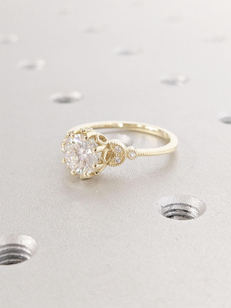 Art Deco Lab Created Diamond Promise Ring | Vintage Yellow Gold Wedding Ring | 14k Gold Leaf Ring | Floral Simulated Diamond Cluster Ring