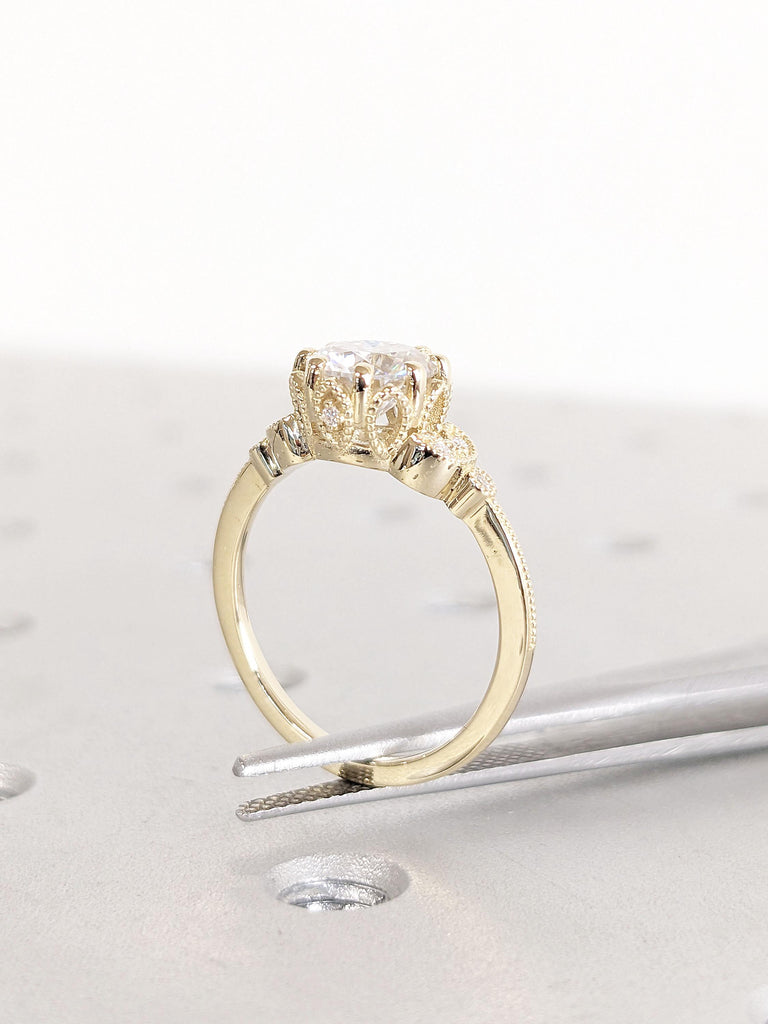 Art Deco Lab Created Diamond Promise Ring | Vintage Yellow Gold Wedding Ring | 14k Gold Leaf Ring | Floral Simulated Diamond Cluster Ring