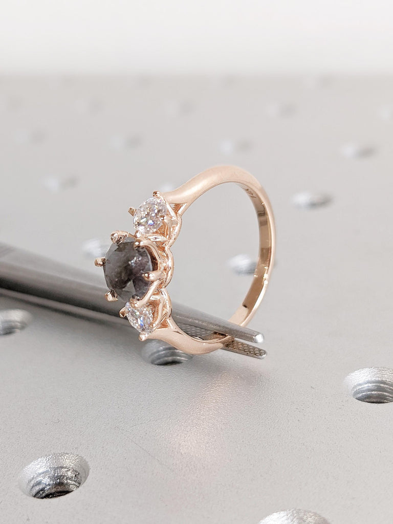 Art Deco Salt and Pepper Diamond Ring, 14k Rose Gold Polished Finished Wedding Band, Diamond Engagement Ring, Unique Moissanite Promise Ring