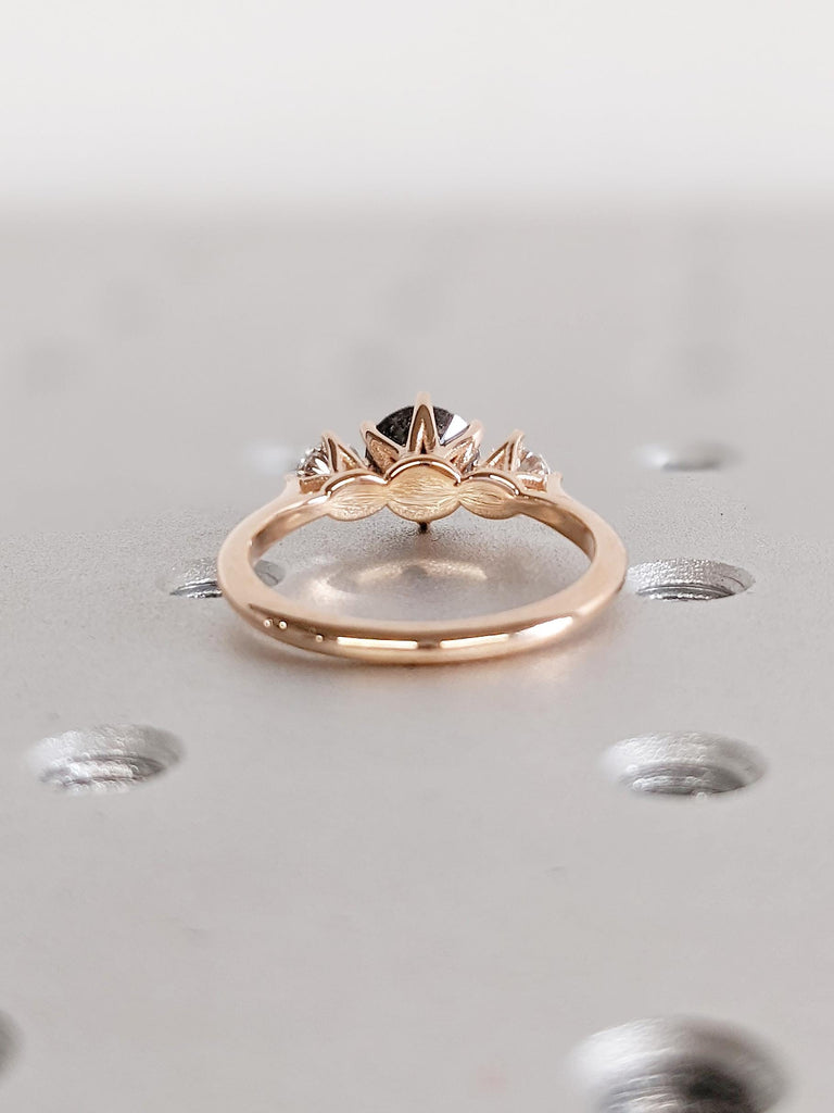 Art Deco Salt and Pepper Diamond Ring, 14k Rose Gold Polished Finished Wedding Band, Diamond Engagement Ring, Unique Moissanite Promise Ring