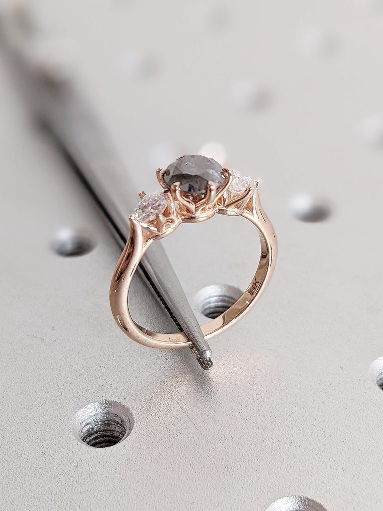 Art Deco Salt and Pepper Diamond Ring, 14k Rose Gold Polished Finished Wedding Band, Diamond Engagement Ring, Unique Moissanite Promise Ring