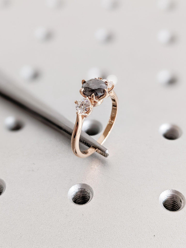 Art Deco Salt and Pepper Diamond Ring, 14k Rose Gold Polished Finished Wedding Band, Diamond Engagement Ring, Unique Moissanite Promise Ring