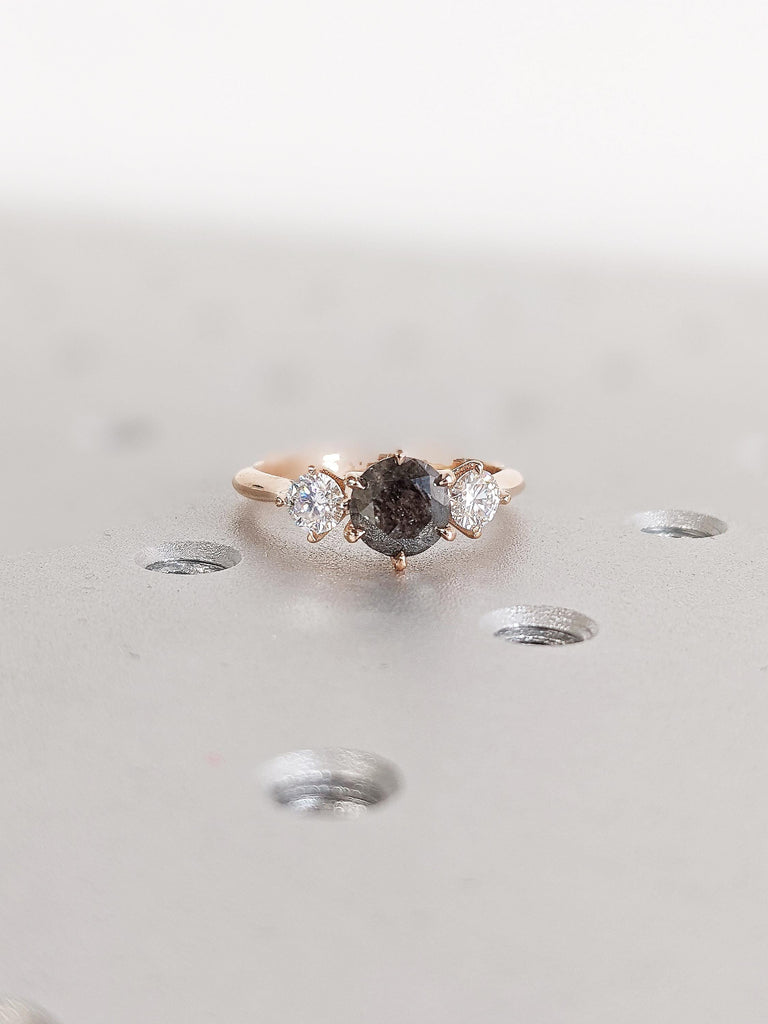 Art Deco Salt and Pepper Diamond Ring, 14k Rose Gold Polished Finished Wedding Band, Diamond Engagement Ring, Unique Moissanite Promise Ring