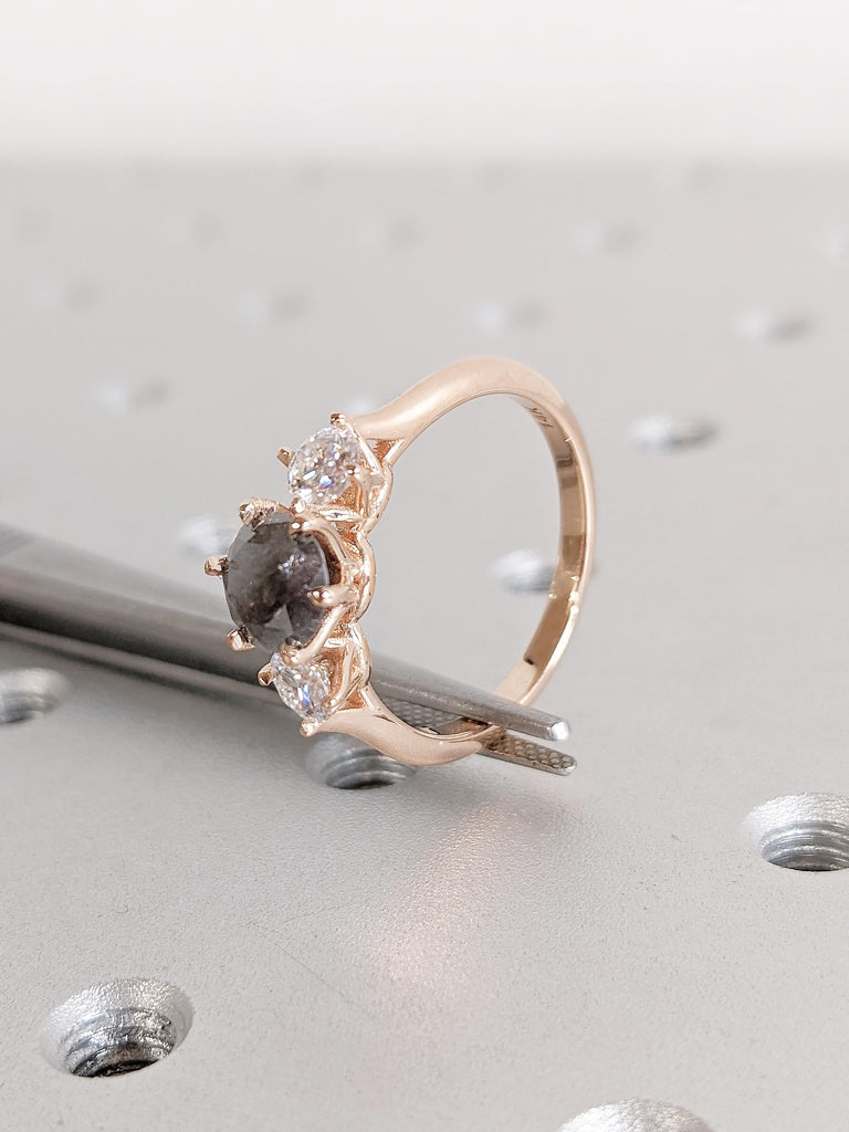 Vintage Salt and Pepper Diamond Engagement Ring, Polished Finished 14k Rose Gold Ring, Three Stone Diamond Ring, Anniversary Gift for Her