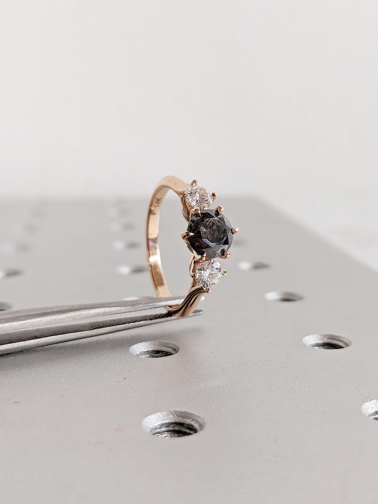 Vintage Salt and Pepper Diamond Engagement Ring, Polished Finished 14k Rose Gold Ring, Three Stone Diamond Ring, Anniversary Gift for Her