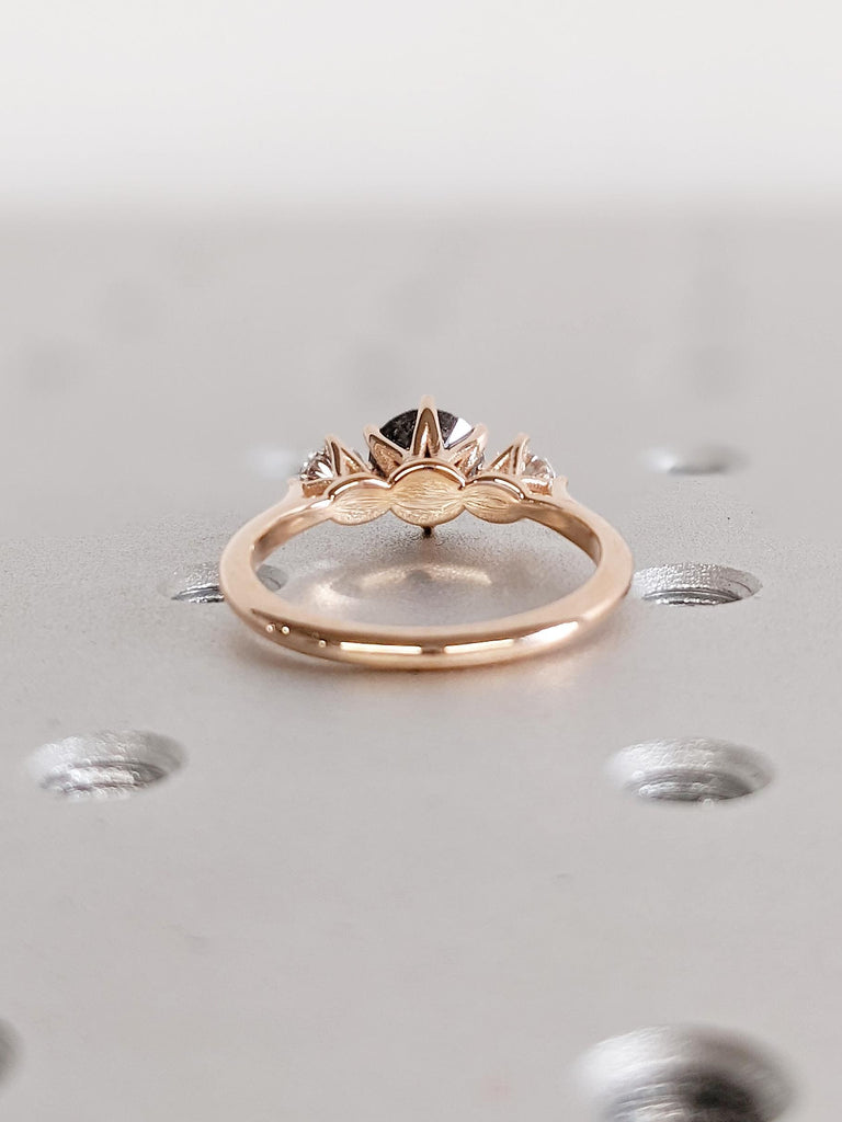 Three Stone Diamond Engagement Ring | 14k Rose Gold Salt and Pepper Diamond Ring | Polished Finished Wedding Rings | Birthday Gift for Her