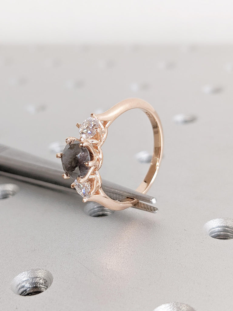 Three Stone Diamond Engagement Ring | 14k Rose Gold Salt and Pepper Diamond Ring | Polished Finished Wedding Rings | Birthday Gift for Her