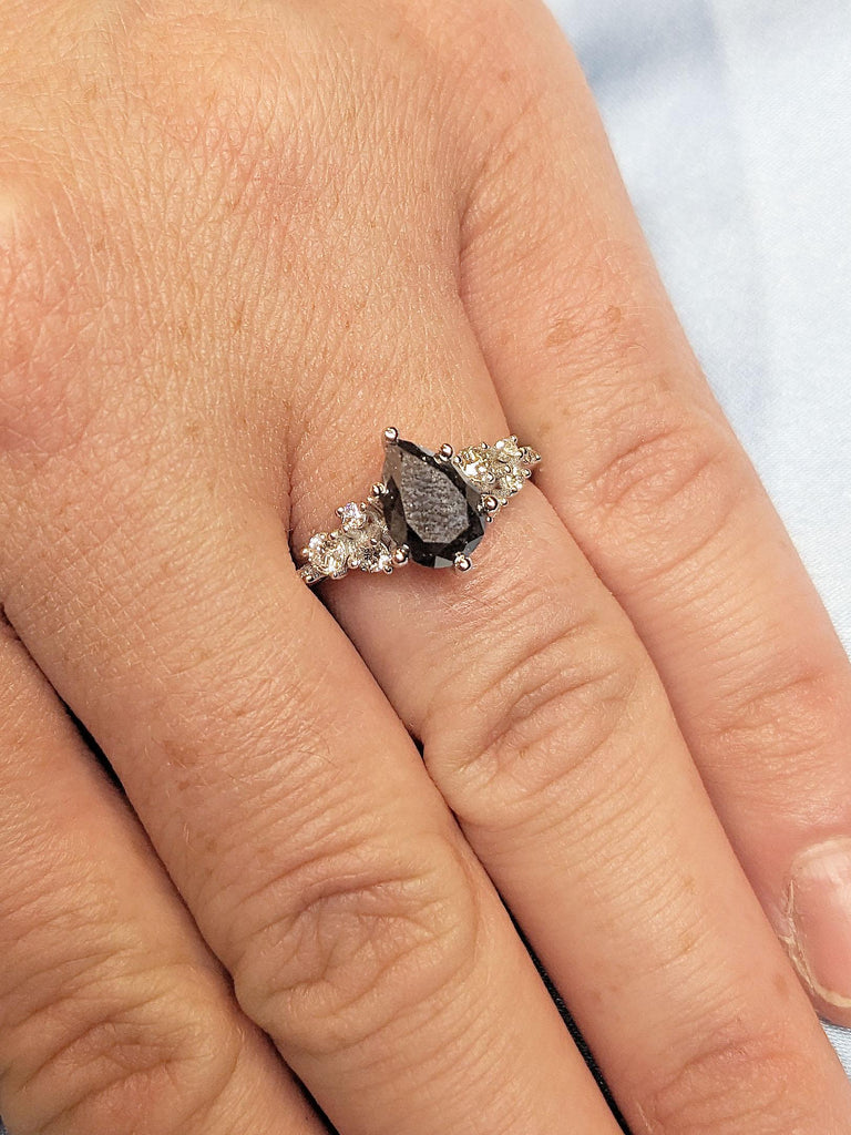 Natural Black Diamond Promise Anniversary Ring for Wife | 18k White Gold Moissanite Cluster Snowdrift Ring | Art Deco Woman Engagement Ring