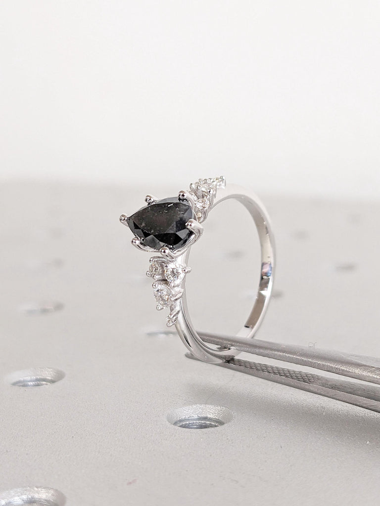 1.25ct Natural Black Diamond Promise Anniversary Ring for Wife | 18k White Gold Moissanite Cluster Snowdrift Ring | Woman Engagement Ring