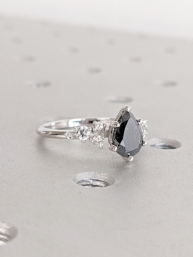 Unique Pear cut Salt and Pepper Diamond Engagement Ring | Snowdrift Lab Created Diamond Cluster Promise Ring | 6 Prong Wedding Ring for Her