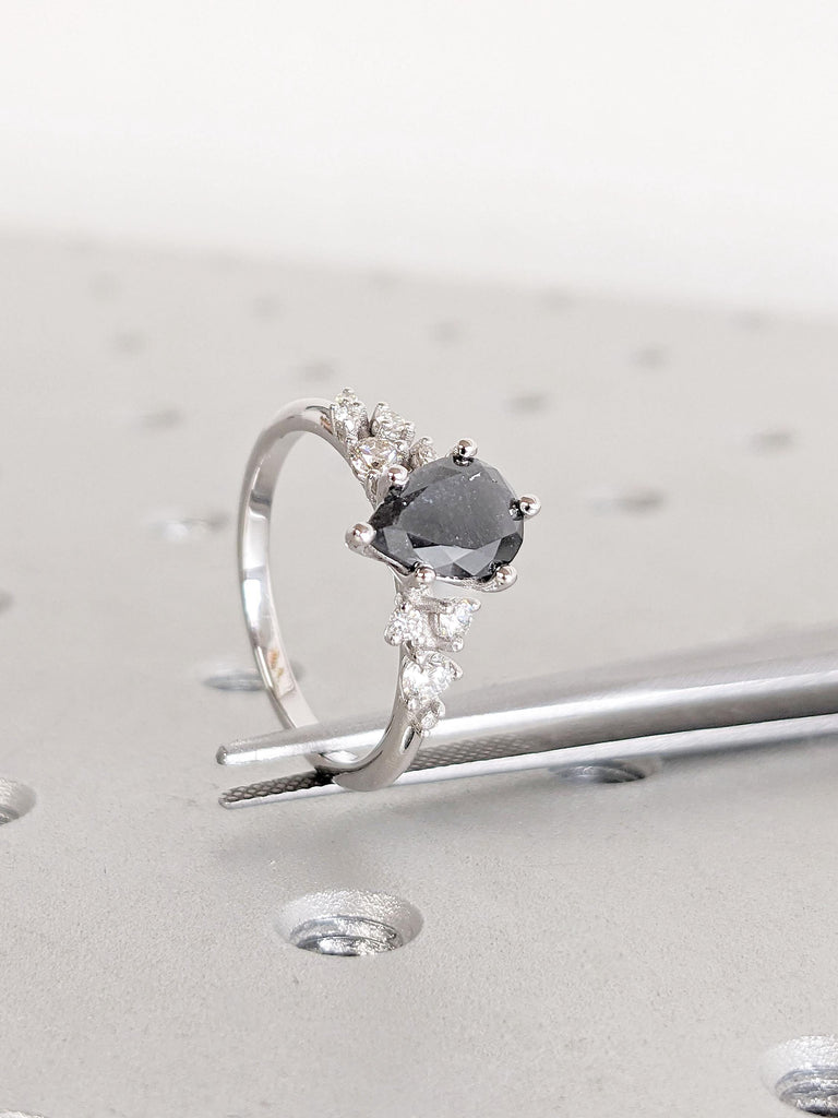 Unique Pear cut Salt and Pepper Diamond Engagement Ring | Snowdrift Lab Created Diamond Cluster Promise Ring | 6 Prong Wedding Ring for Her